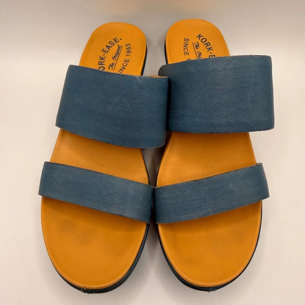 Kork-Ease Kane Dual Strap Platform Wedge Slide Sandals  Denim Blue K50204 8M